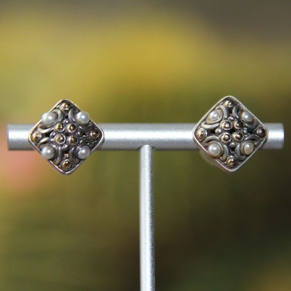 John Hardy Jaisalmer 18k Gold Sterling Silver Pearl Dot Square Earrings. RARE - Picture 6 of 12